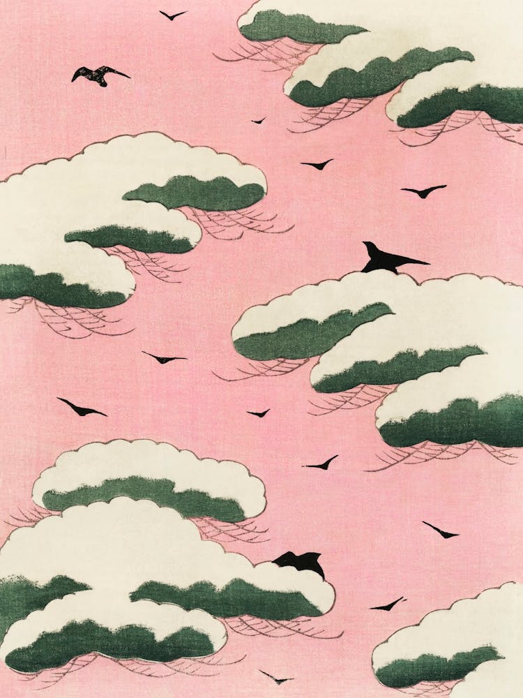 Pink Sky With Clouds And Birds, Vintage Japanese Art
