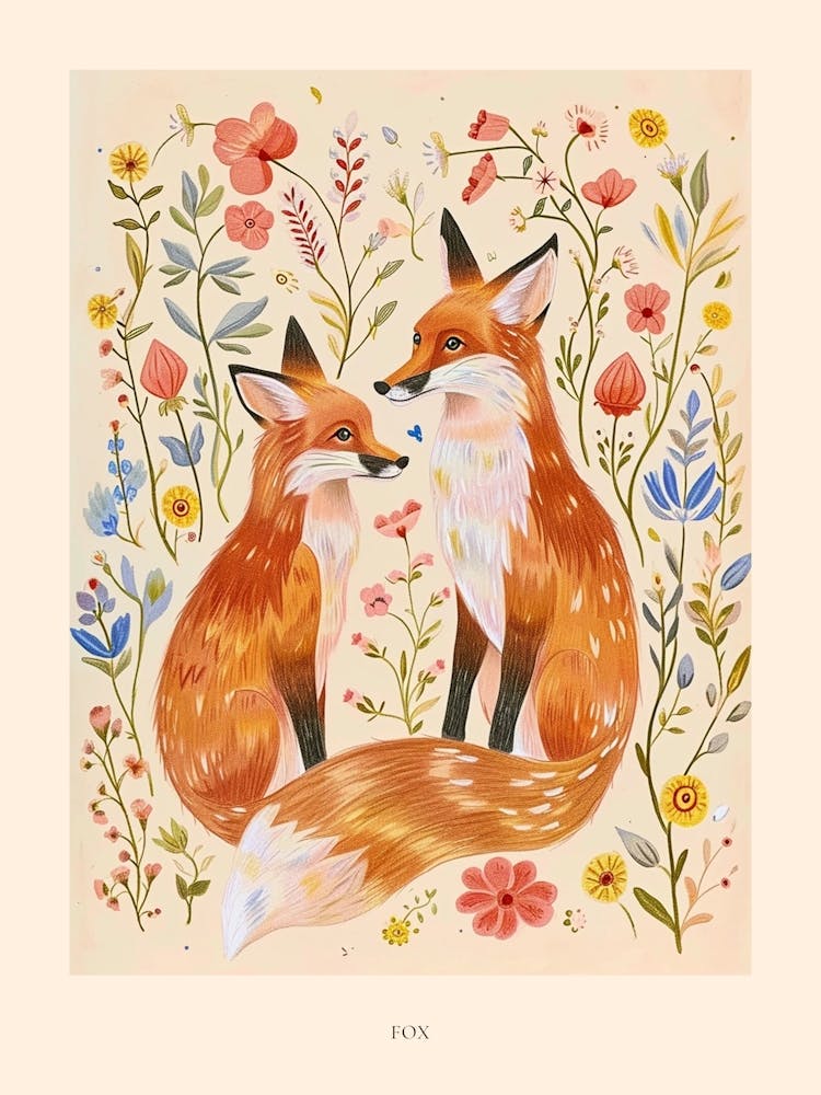 Folksy Floral Animal Drawing Fox 4 Poster