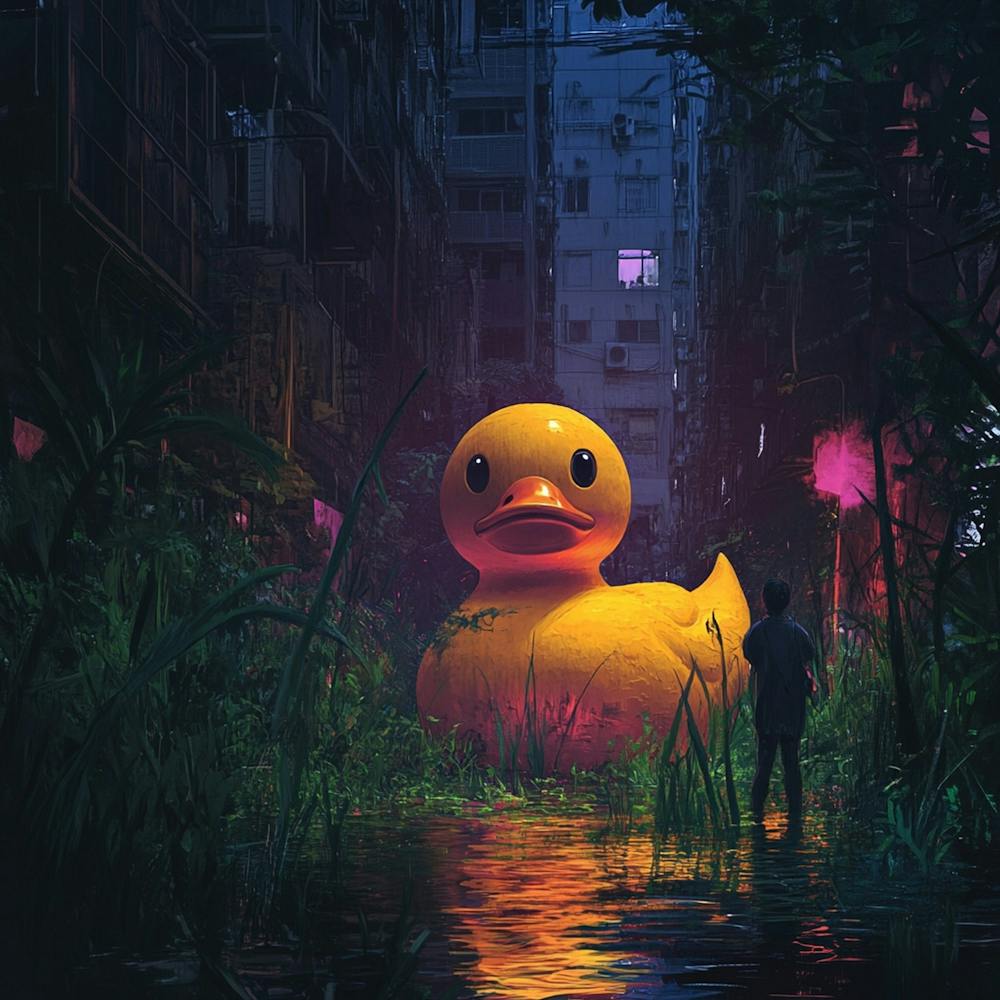 A Person Staring At A Giant Rubber Duck Floatin