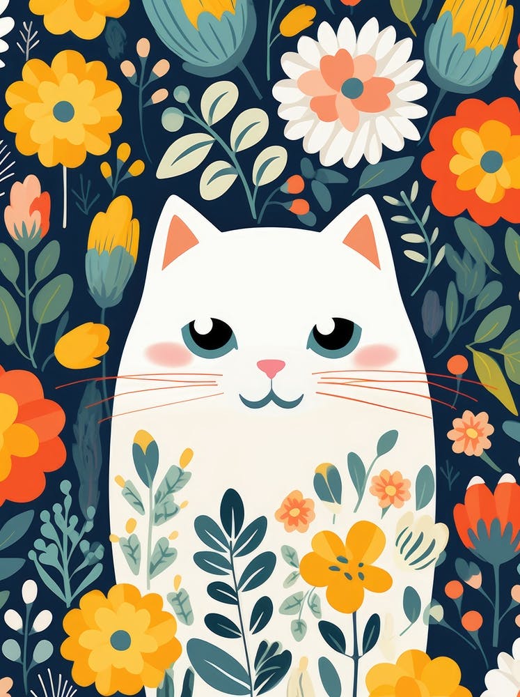 White Cat With Flowers