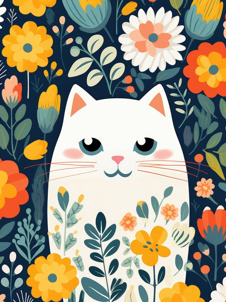 White Cat With Flowers