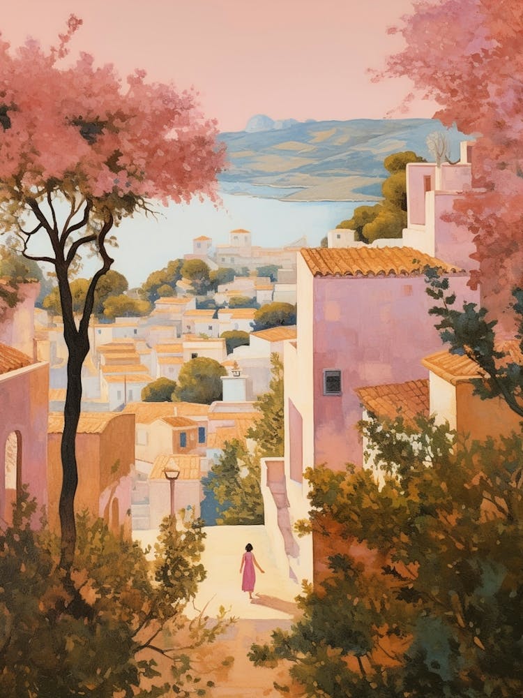 Algarve Portugal 1 Vintage Pink Travel Illustration