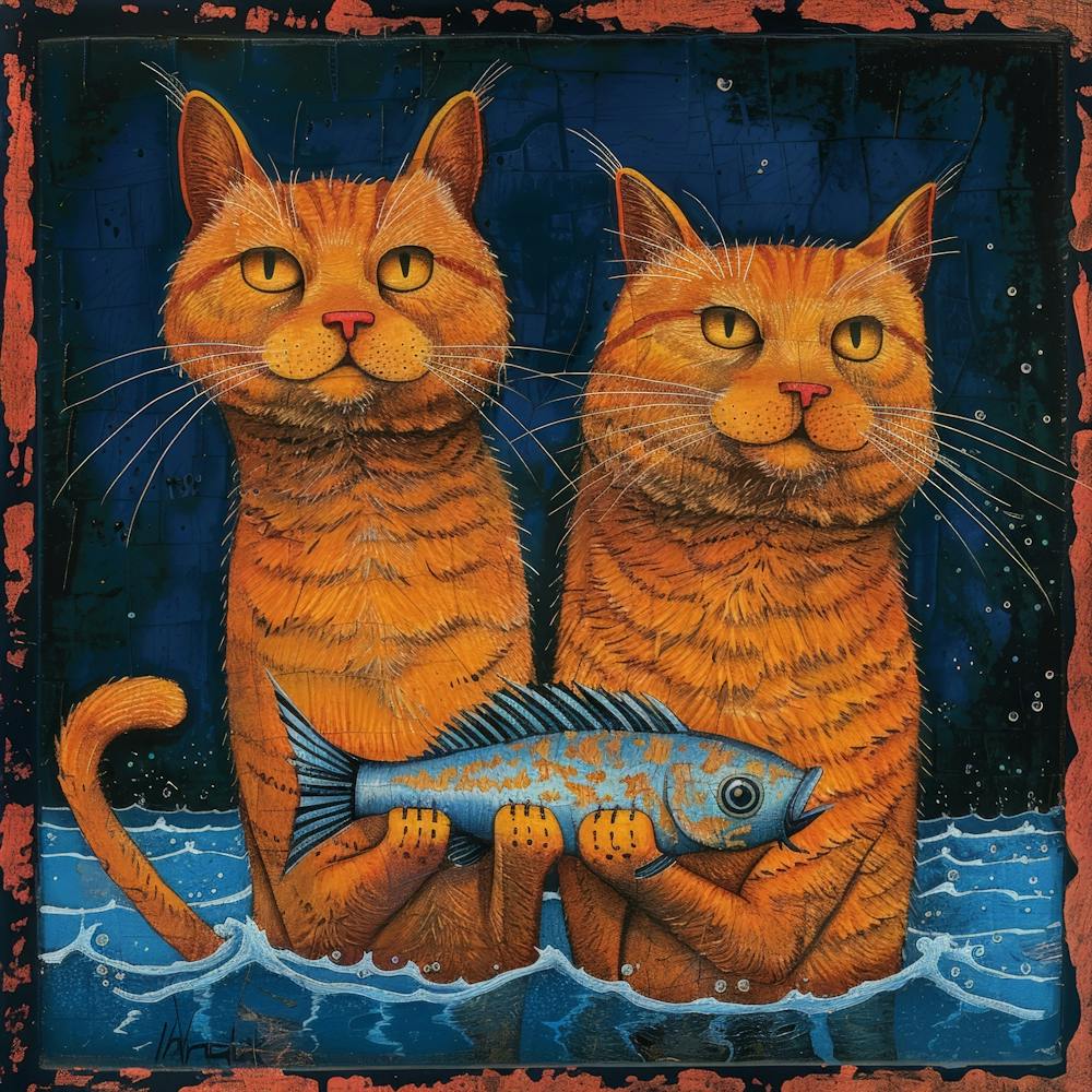Zwei Katzen halten einen Fisch