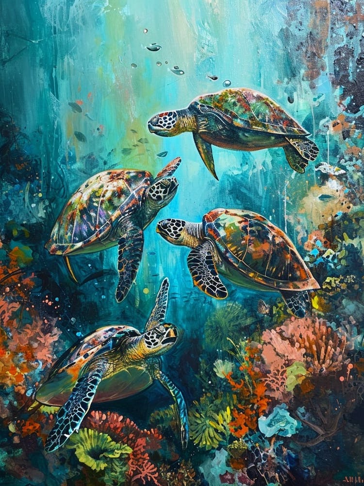 Sea Turtles With A Coral Reef Expressionism Style Painting 2