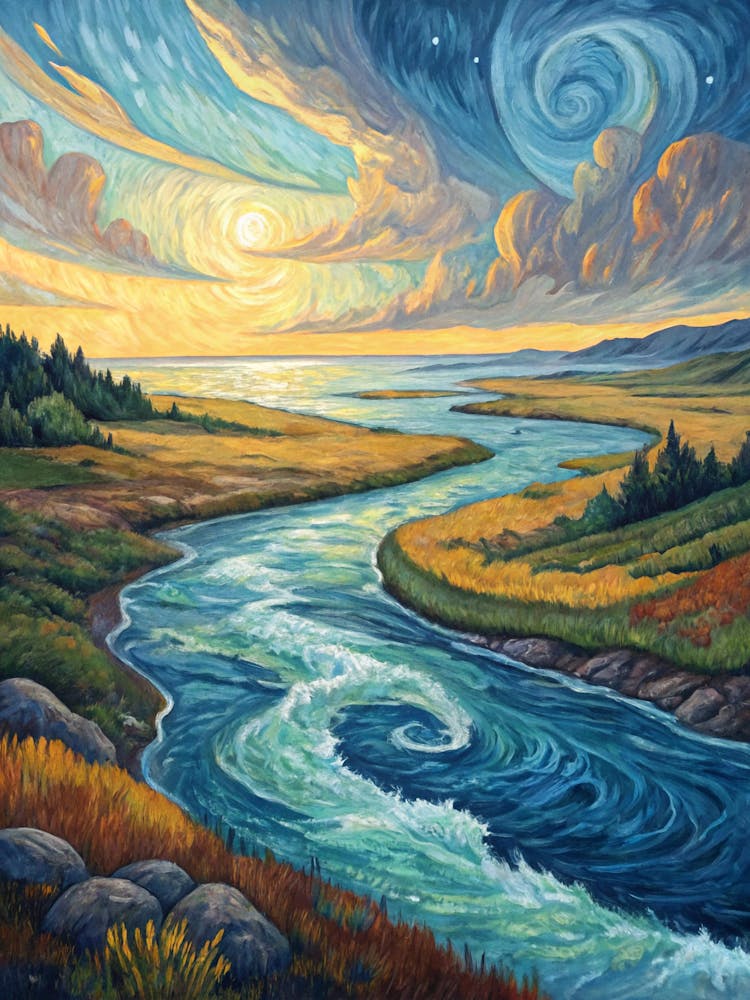 Sunset River A Surrealist Oil Painting in the Style of Van Gogh