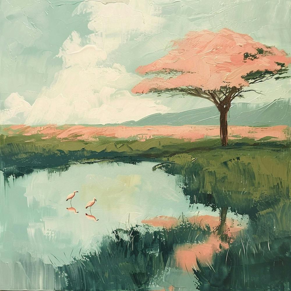 Pink Tree By The Pond