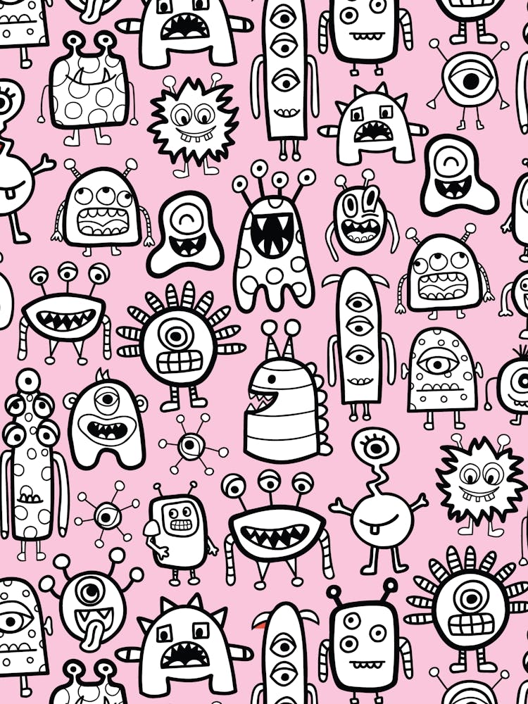 Happy Funky Monsters and Aliens Black and White on Light Pink Kids