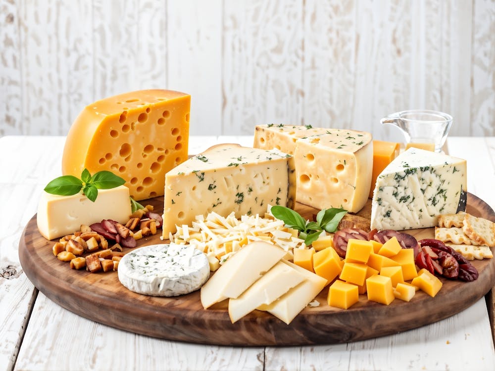 Gourmet-Käseplatte mit Scheiben, Blöcken und Keilen von Cheddar, Gouda, Brie, Camembert, Parm