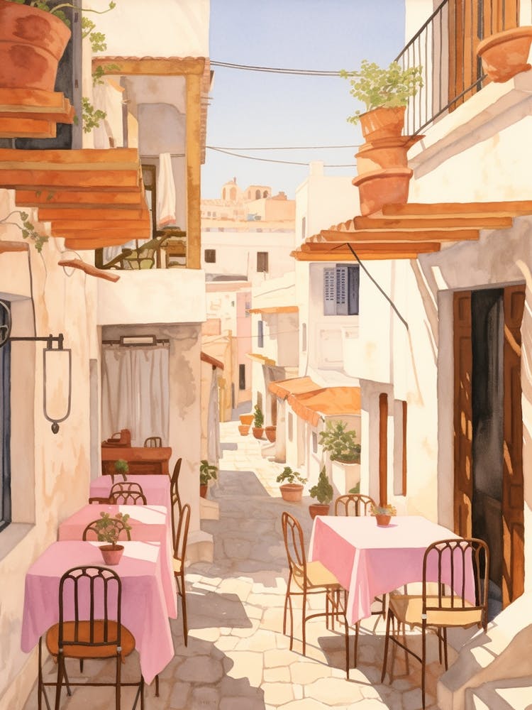 Mykonos Greece 2 Vintage Pink Travel Illustration