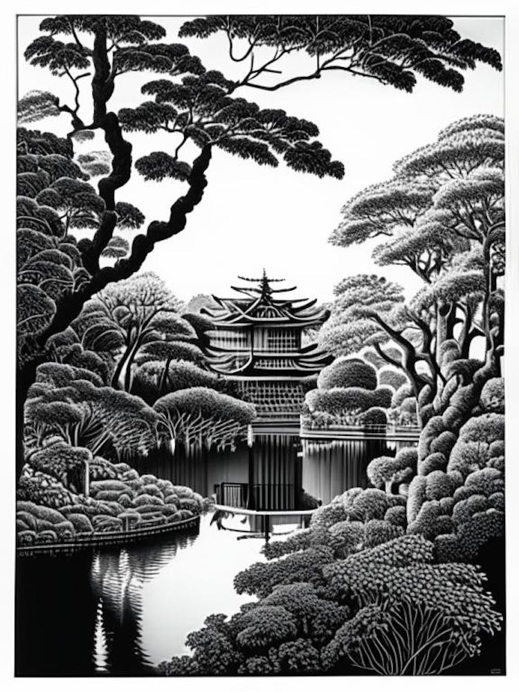 Hamarikyu Gardens, Japan Linocut Black And White Vintage