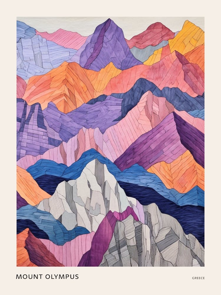 Mount Olympus Greece 5 Colourful Mountain Illustration Poster
