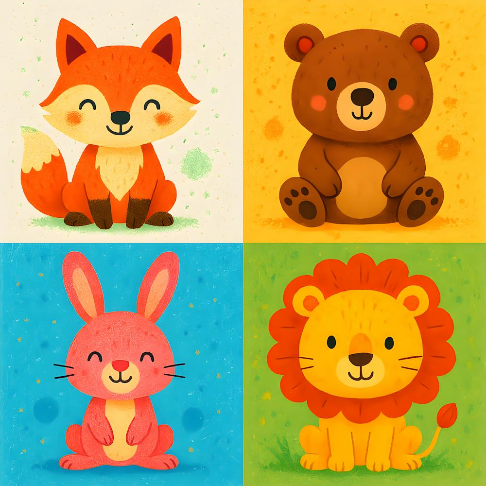 Colorful Animal Nursery Wall Art Set – Fox, Bear, Bunny & Lion – Kids Room Decor, Vibrant Woodland Safari Prints, Playrooms