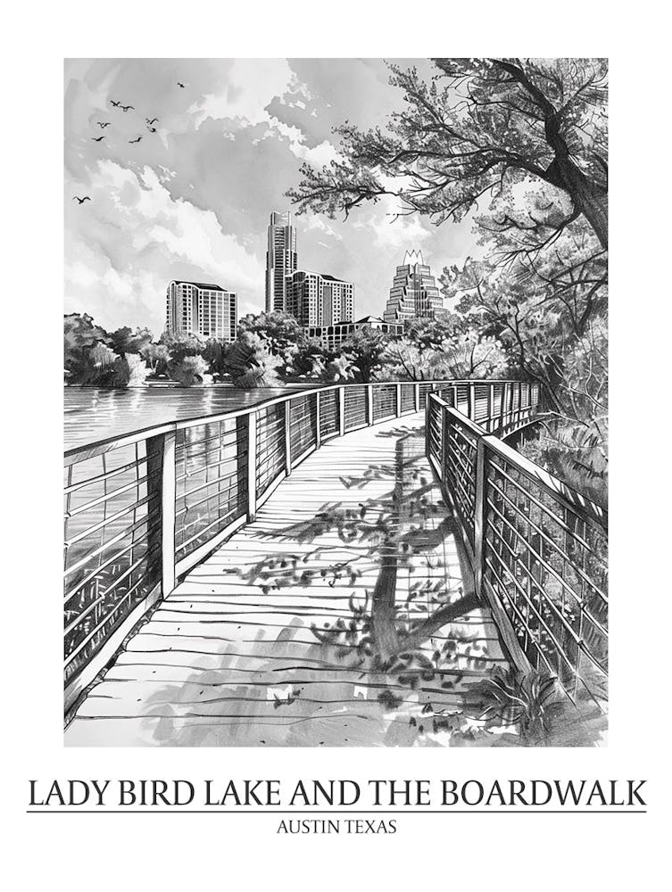 Lady Bird Lake And The Boardwalk Austin Texas Black And White Drawing 1 Poster
