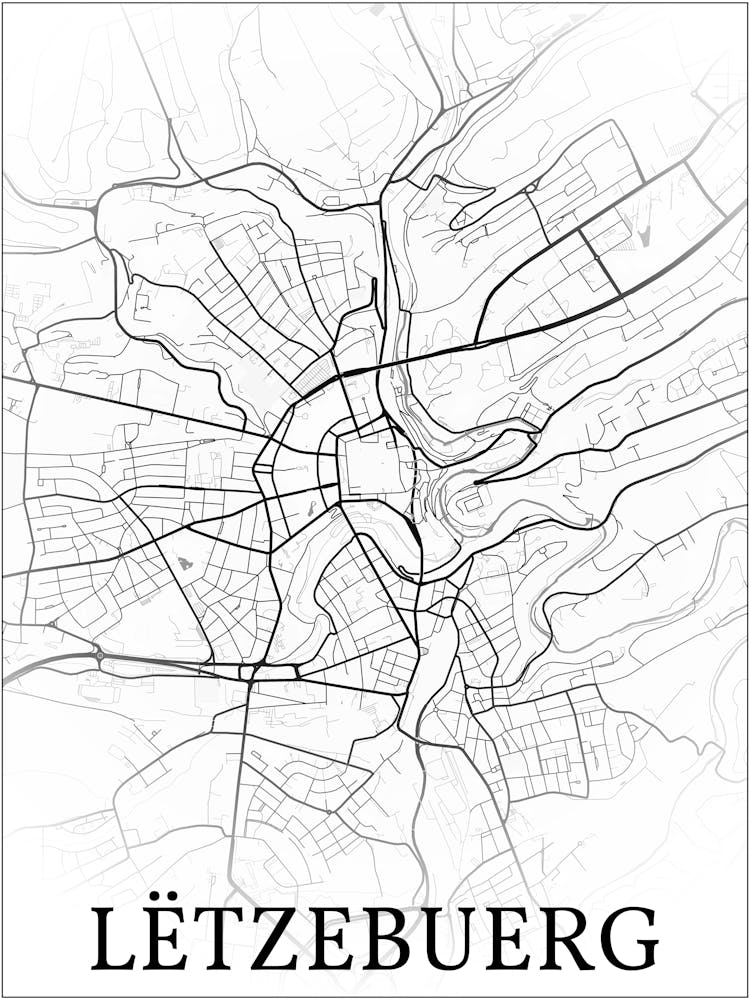 Lëtzebuerg, Lëtzebuerg, City Map, Black And White Fade Design