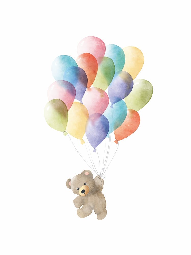 Watercolour Teddy Bear with colourful Balloons for Children's Room