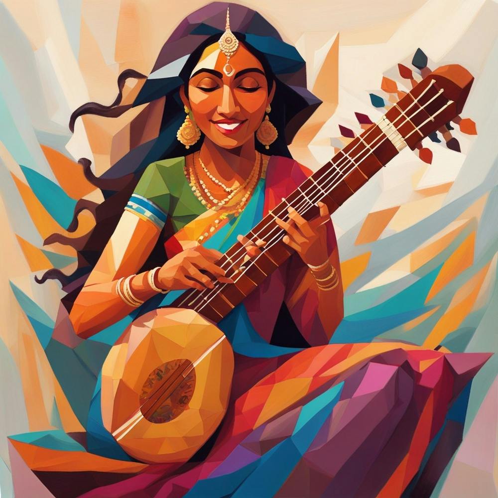 In An Oil Painting The Vibrant Essence Of A Joyous Indian Woman Playing The Sitar With Profound Enthusiasm Is Beautifully Depicted The Artwork Showcases The Woman In Meticulous Detail Exuding Pure 2