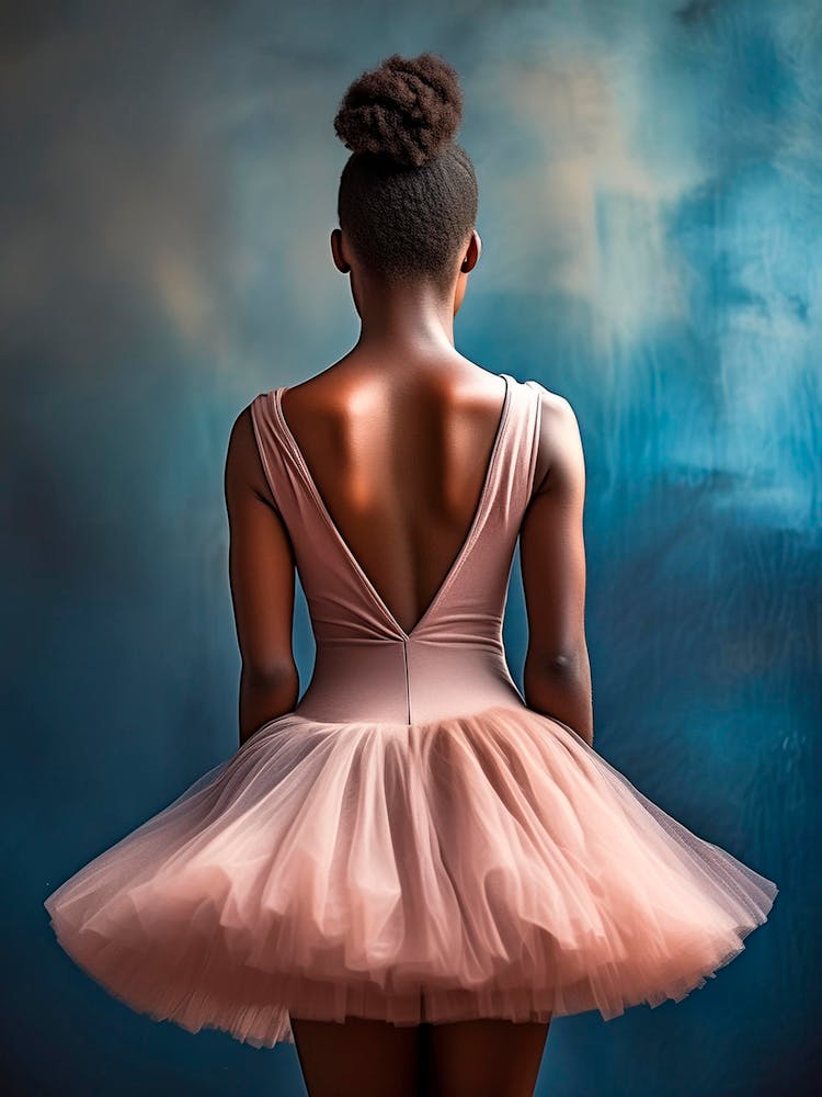 Ballerina With A Pink Dress Posing In Front Of Dark Blue Wall