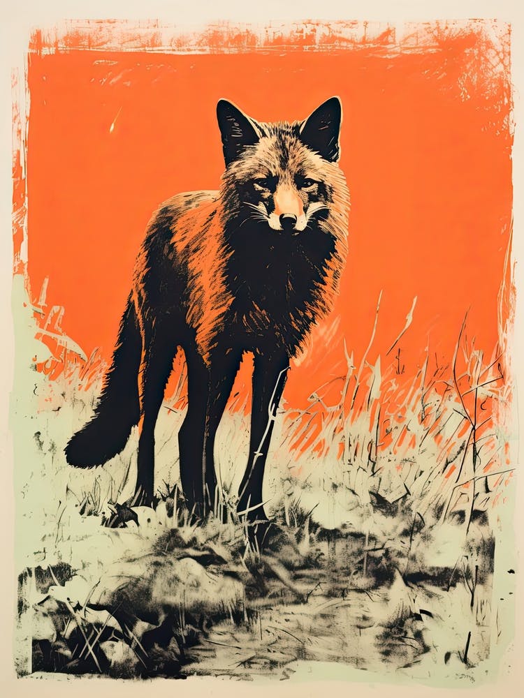 Red Fox, Woodblock Animal Drawing 3