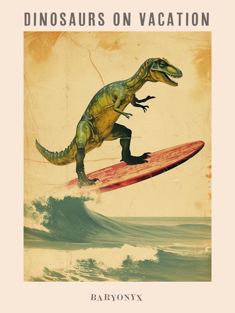 Vintage Baryonyx Dinosaur On A Surf Board 1 Poster