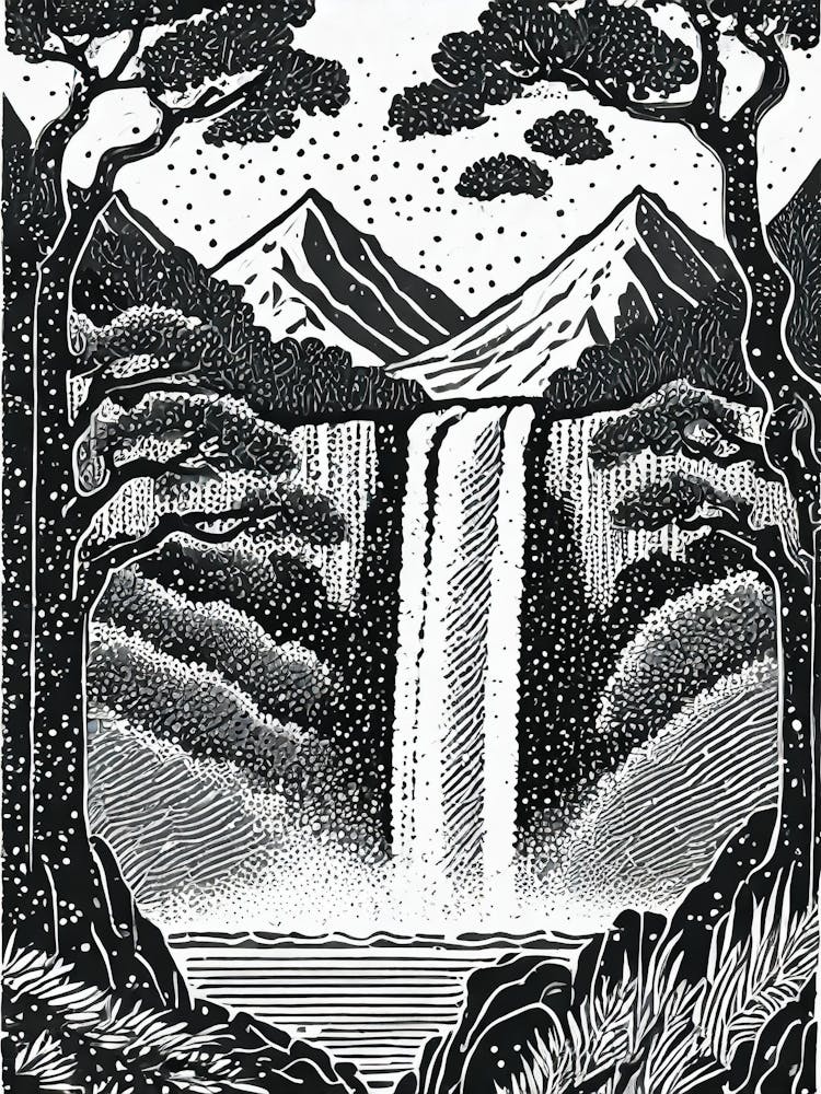 Waterfall linocut
