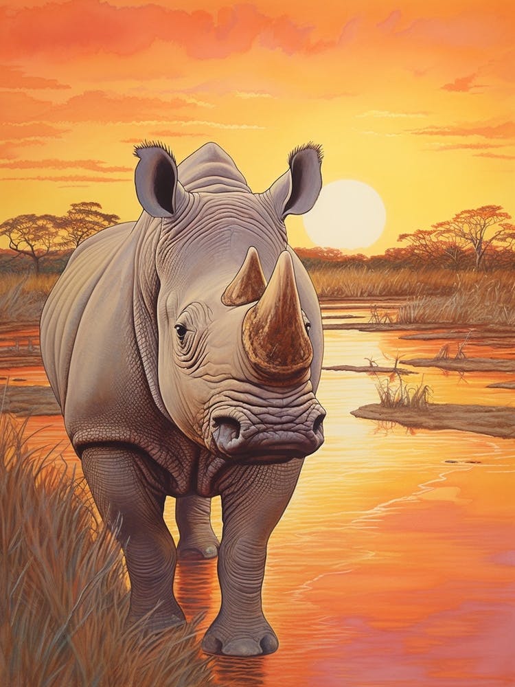 Rhino In The Sunset Realistic Illustration 1