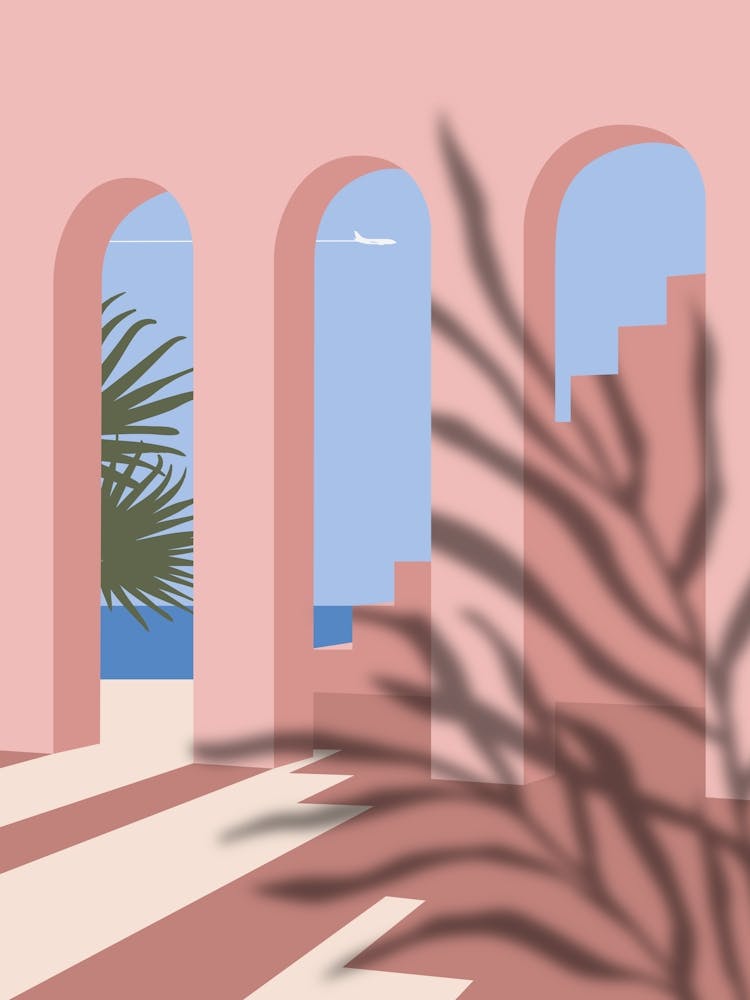 Pink Arches On The Beach. Boho travel art. Morocco poster — boho travel poster