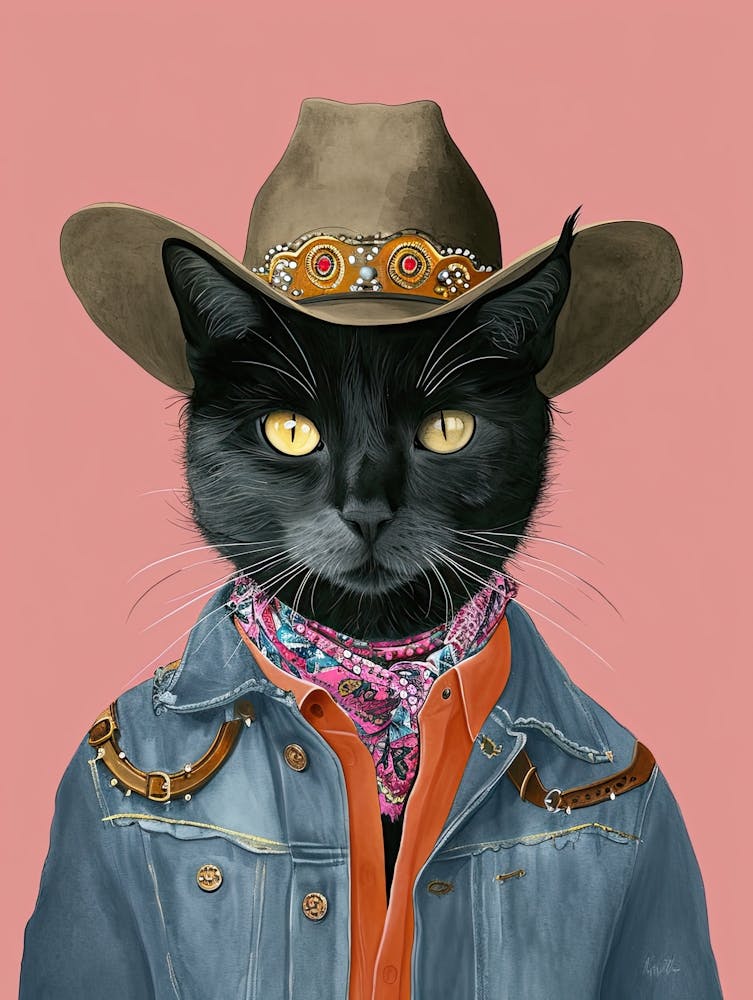 Black Cat Cowboy Quirky Western Print Pet Decor 1