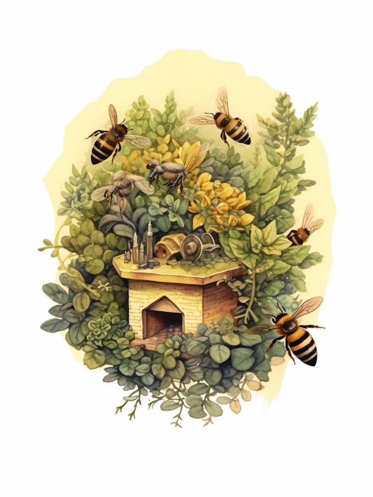 Hedgehogging Mining Bee Beehive Watercolour Illustration 2