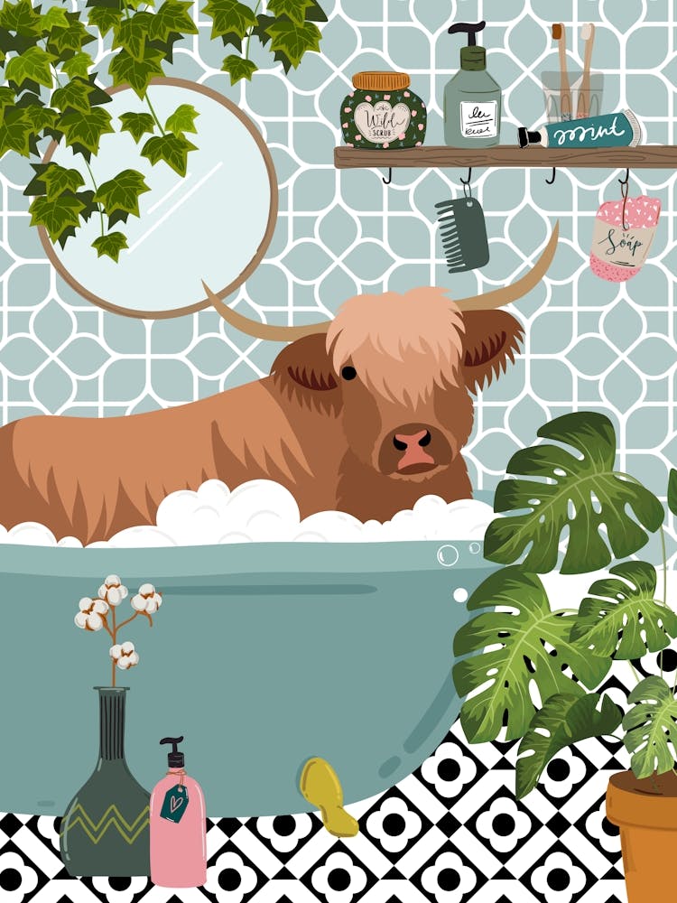 Highland Cow in Blue Botanical Bathtub