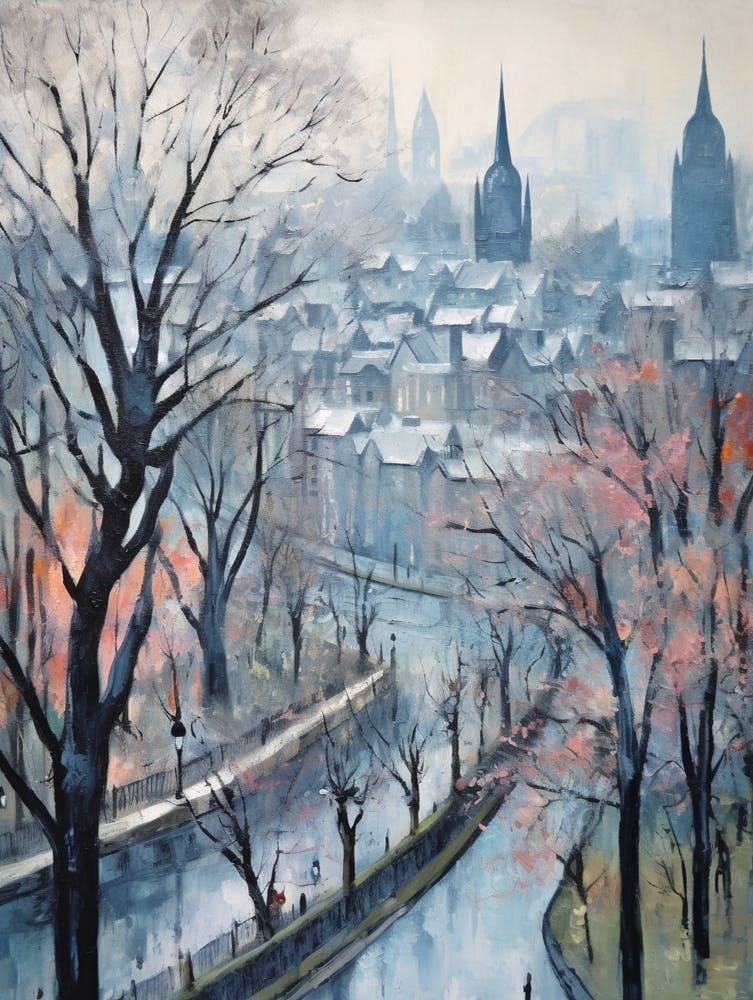 Winter City Park Painting Princes Street Gardens Edinburgh Scotland 2