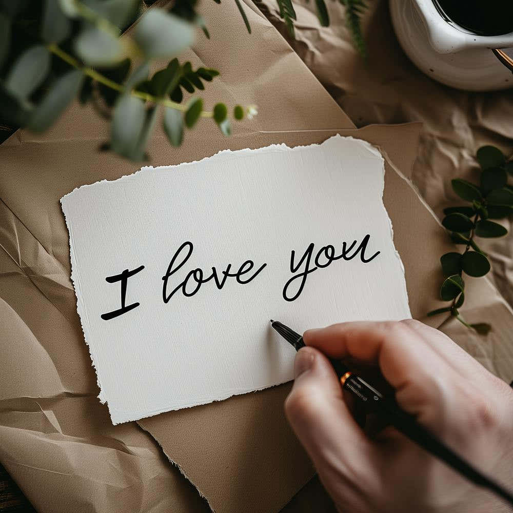 a person's hand is writing the phrase "I love you" in black ink on a white, textured piece of paper