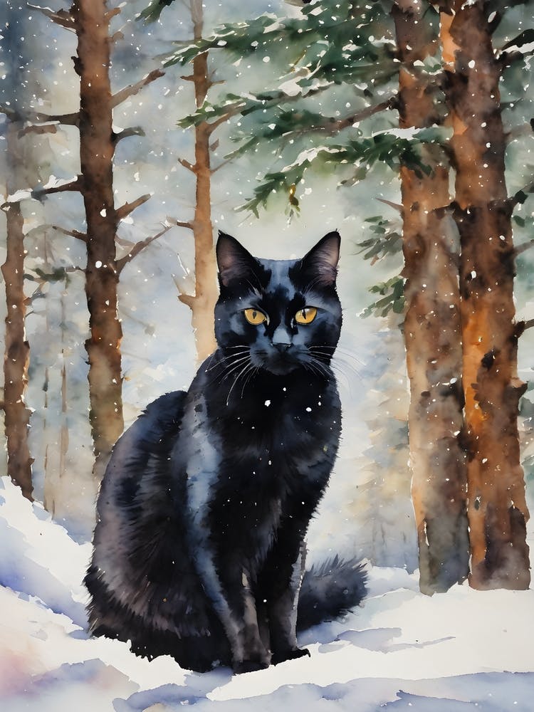 Black Cat In A Winter Forest - Snow Christmas Yule Scene Snowy Fir Trees - Witchy Witches Cats Lady Lovers Matisse Klimt Inspired Traditional Watercolor Home Room Art Wall Decor - Black Cat Travels Series by Lyra the Lavender Witch