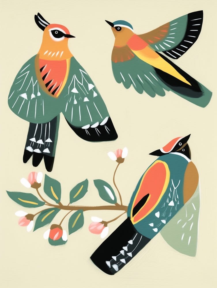 Folk Style Bird Painting Cedar Waxwing 2