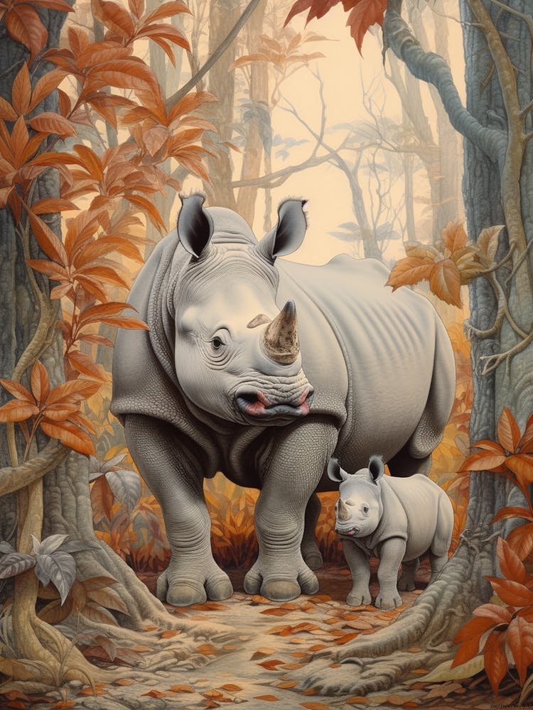 Rhino & Baby Rhino With Orange Leaves