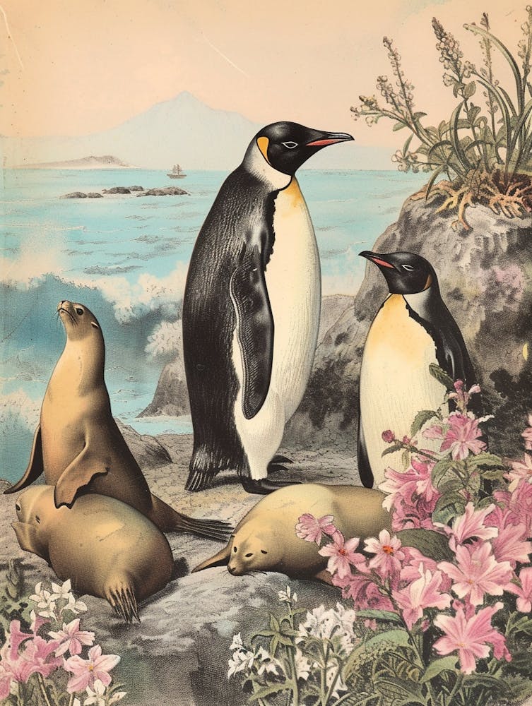 Adlie Penguin Sea Lion Island Vintage Botanical Painting 2