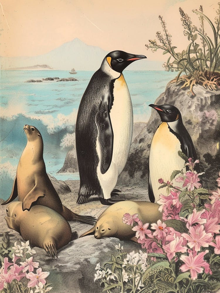 Adlie Penguin Sea Lion Island Vintage Botanical Painting 2