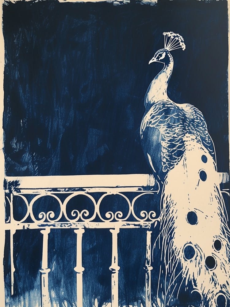 Peacock On Fancy Railing Linocut Inspired 4