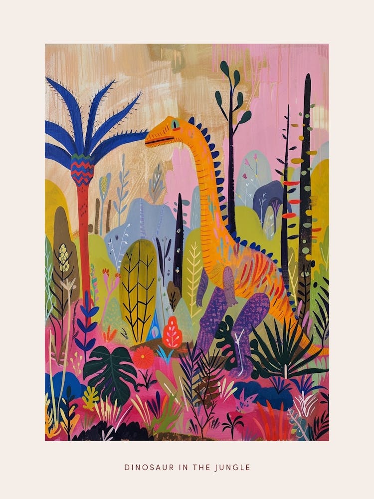 Colourful Dinosaur In A Jungle Painting 2 Poster