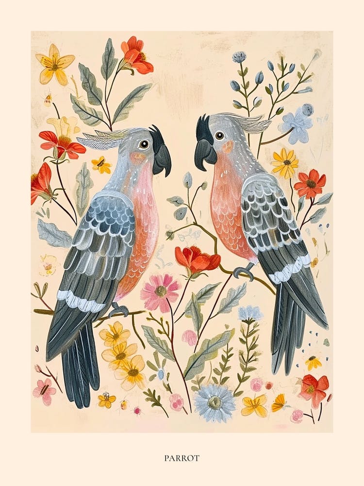 Folksy Floral Animal Drawing Parrot Poster