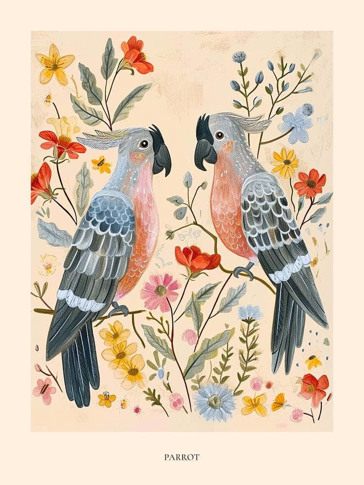 Folksy Floral Animal Drawing Parrot Poster