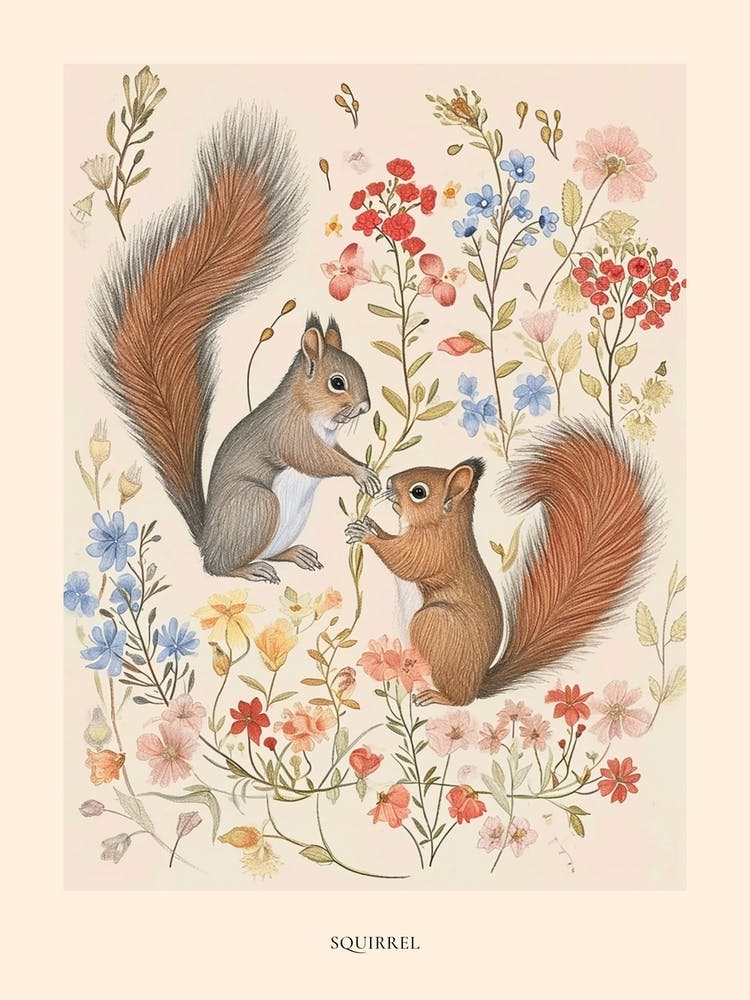 Folksy Floral Animal Drawing Squirrel 3 Poster