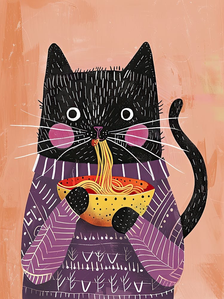 Black Cat Eating Pasta Folk Illustration 2