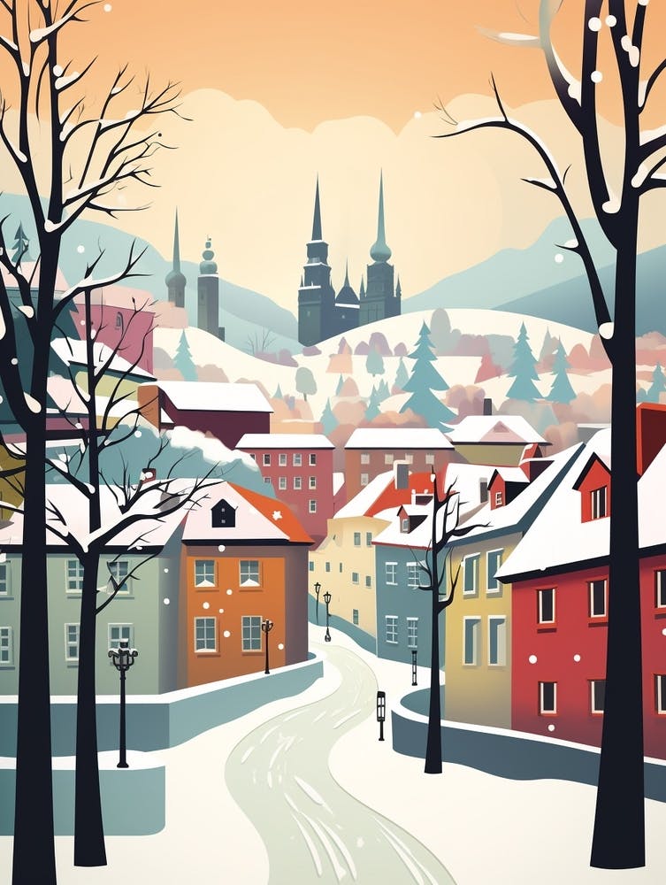 Vintage Winter-Reiseillustration Prag Tschechische Republik 2
