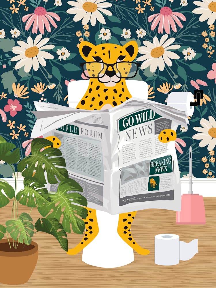 Cheetah On Toilet In Daisy Bathroom