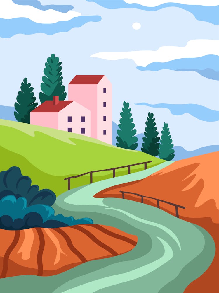 Scenery In Rural Area Village Or Town With River