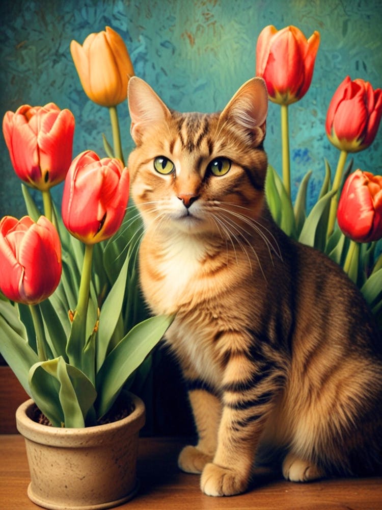 Cat With Tulips 1