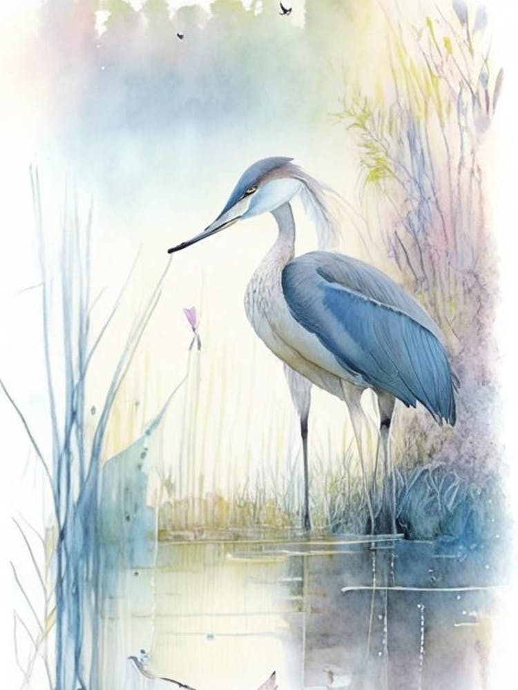 Blue Heron On Pond Gouache 1