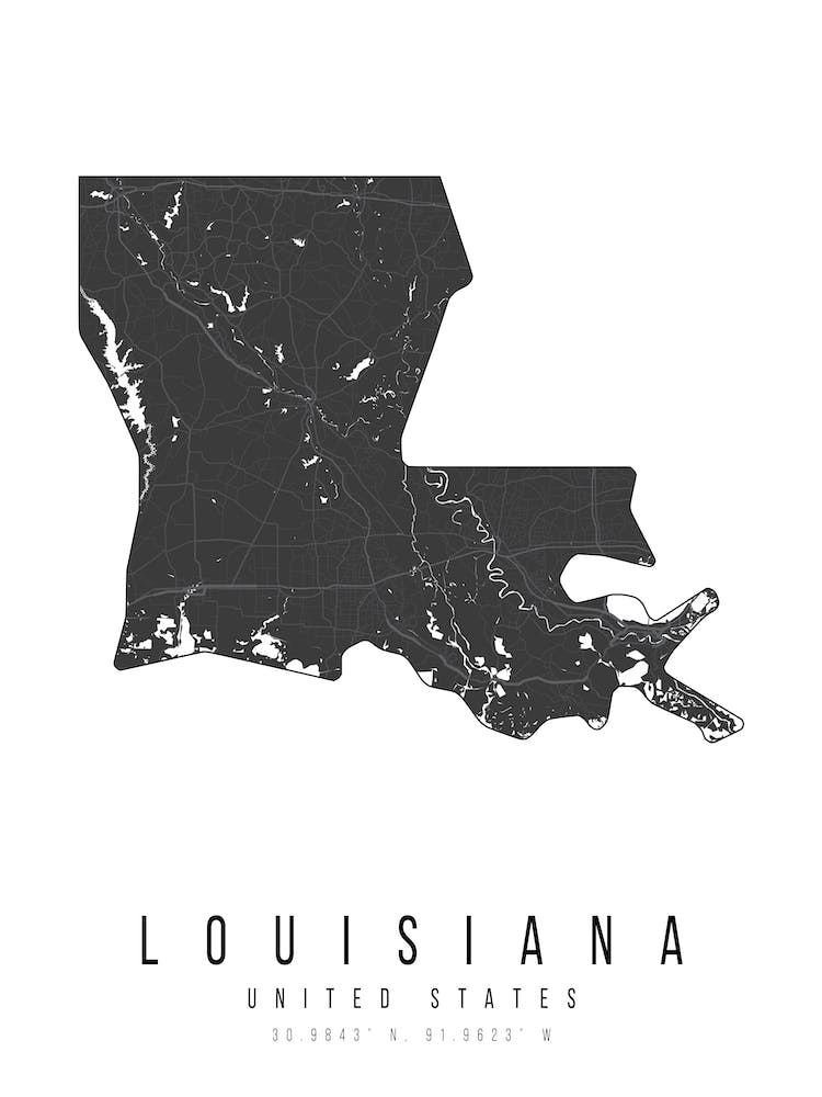 Louisiana Mono Black And White Modern Minimal Street Map
