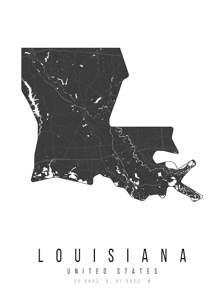 Louisiana Mono Black And White Modern Minimal Street Map