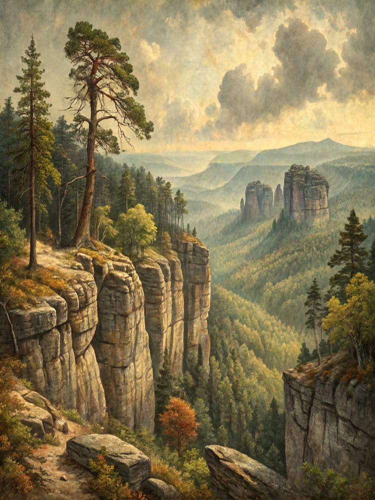 Oil Painting Style Stone Cliffs And Forest